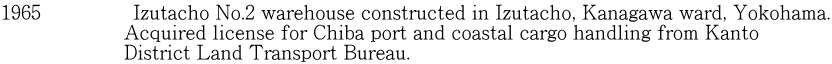 1965　　　　  Izutacho No.2 warehouse constructed in Izutacho, Kanagawa ward, Yokohama.                     Acquired license for Chiba port and coastal cargo handling from Kanto                      District Land Transport Bureau. 